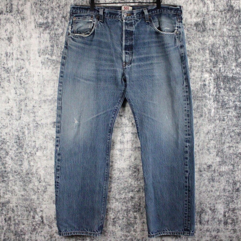 VTG Y2K Levis 501 Jeans Mens 40 x 30 Faded Button Fly Blue Distressed 2008